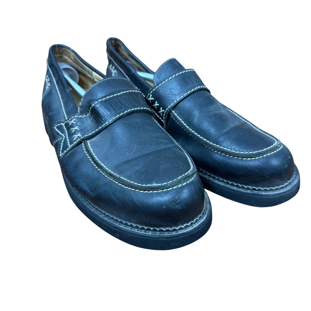Fluevog Loafers Mens Black Leather Contrast Stitch Lug Sole Slip On Shoes